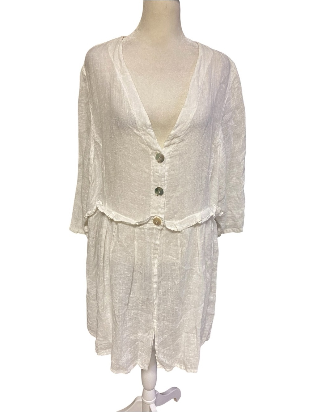 Banana Blue White 100% Linen Button Front Duster Midi Dress 0S Made in Australia